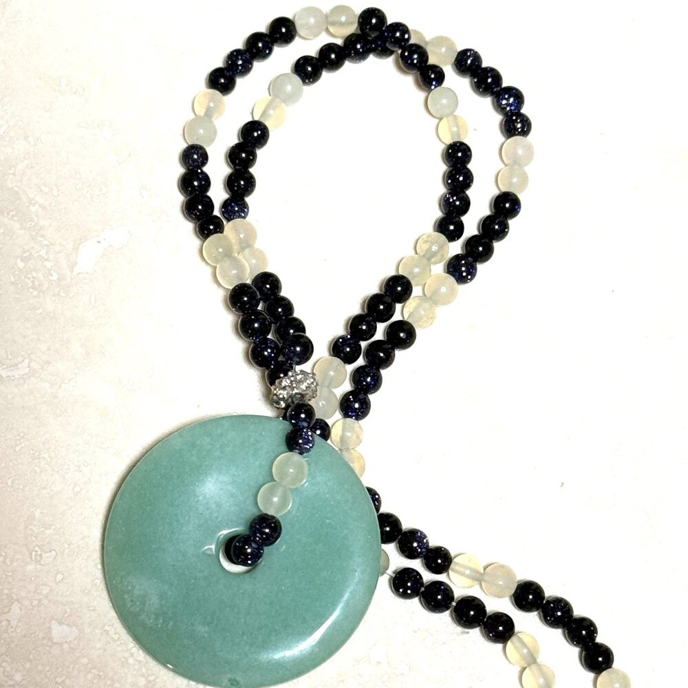 Genuine Gemstone Green Aventurine Donut Pendant & Prehnite Beaded Necklace